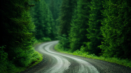 Winding gravel road surrounded by lush green trees, creating a serene and peaceful atmosphere in nature's embrace.