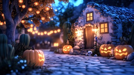 Obraz premium Charming stone cottage decorated for Halloween, featuring glowing pumpkins and warm lights creating a festive atmosphere.