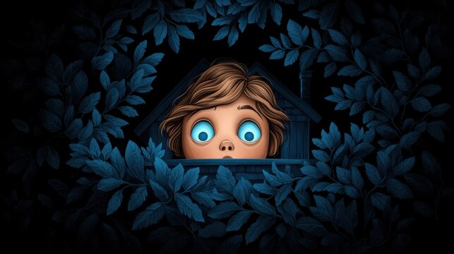A curious child peeks out from behind leafy foliage, showcasing wide blue eyes filled with wonder and imagination in a magical setting.