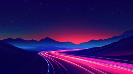 Abstract landscape with pink and blue lights in a starry night sky.