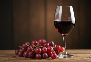 Italian red wine glass with red grapes on a wooden table