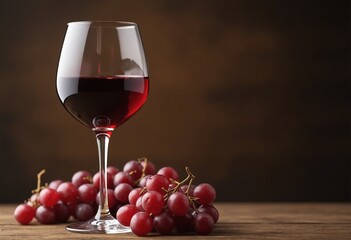 Italian red wine glass with red grapes on a wooden table