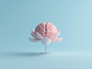 A pink brain sits in a white lotus flower on a blue background.  The image is a metaphor for the beauty and power of the human mind.