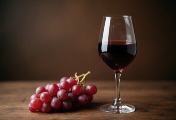 Italian red wine glass with red grapes on a wooden table