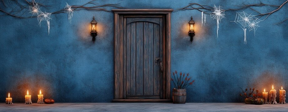 An inviting wooden door set against a blue wall, adorned with lanterns, candles, and twinkling lights, creating a cozy ambiance.