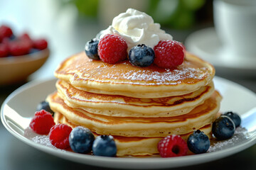 Fluffy Pancakes with Berries and Whipped Cream on White Plate