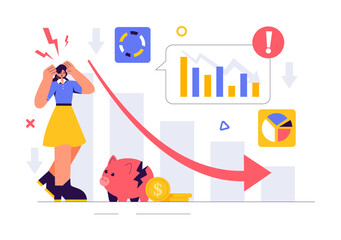 Financial Crisis Vector Illustration of Bankruptcy, Economic Collapse, and Cost Reduction with a Down Arrow in a Flat Style Cartoon Background