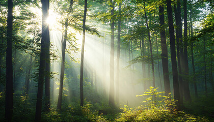 Fototapeta premium Tall, misty trees with sunlight streaming through the branches, creating a magical and mysterious forest atmosphere