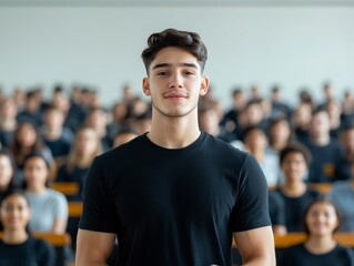 A young man stands confidently in front of a large crowd, looking directly at the camera