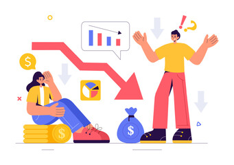 Financial Crisis Vector Illustration of Bankruptcy, Economic Collapse, and Cost Reduction with a Down Arrow in a Flat Style Cartoon Background