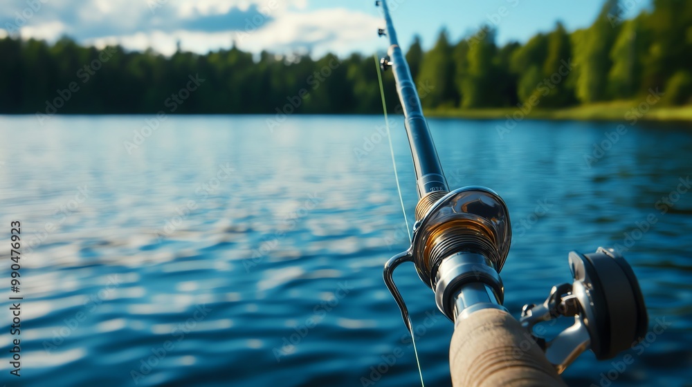 Wall mural A fishing rod with a reel sits by a lake with green trees in the background.