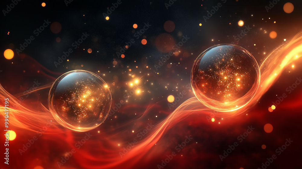 Wall mural Black Friday abstract background with glowing golden orbs emerging from deep black, set against swirling red and silver fog 