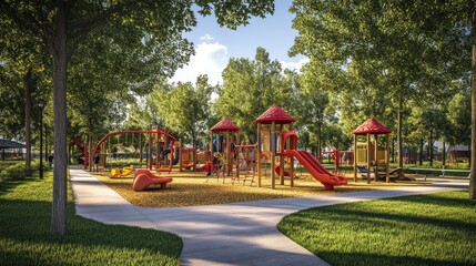 Obraz premium A colorful playground with a slide, swings, and a climbing structure in a park surrounded by green trees and a paved pathway.