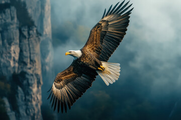 Obraz premium Majestic Bald Eagle Soaring in Foggy Mountain Landscape