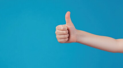 Hand giving thumbs up gesture on blue background.