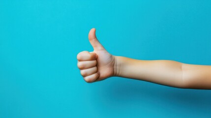 A hand with a thumb up gesture against a blue background.