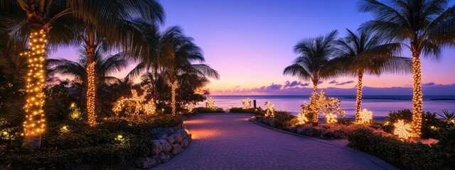 Tropical Island Outdoor Beautiful Location at Dusk with Christmas Decorations
