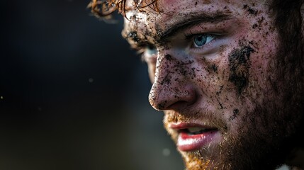 Close-up of a muddy, determined man's face.