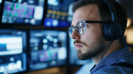 Control room operator with headphones, monitoring multiple screens filled with data, graphs, and live feed visuals 