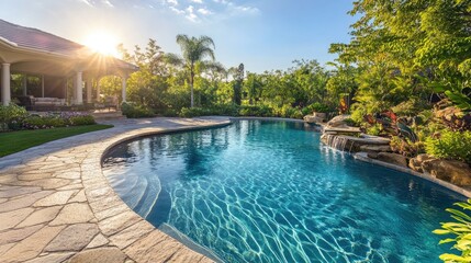 Stunning backyard pool with crystal-clear water, surrounded by a curved stone patio and lush landscaping. The summer sun highlights the luxurious design.