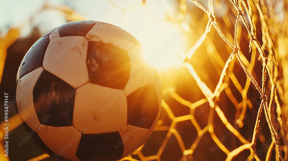 Canvas Prints A soccer ball in the back of the net, with the sun shining in the background.