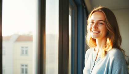 a blonde woman smiled near a window as the morning sunlight shone into her room