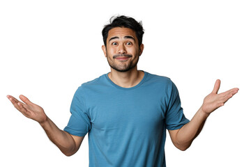 Fototapeta premium A man in a blue shirt is looking at the camera with his hands raised in a questi