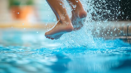 A child's feet splash into a pool of water.