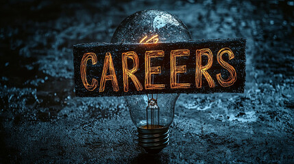 Glowing sign with the text Careers, illuminated by a lightbulb on a wet surface. Symbolizes guidance and the pursuit of career opportunities.