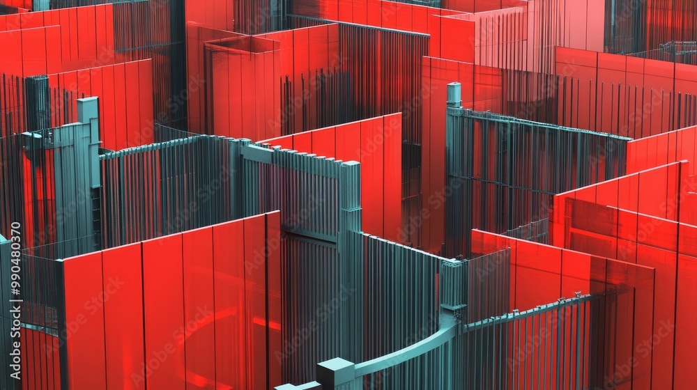 Fototapete trade tariffs and restrictions visualized with a maze of fences and barriers, representing the compl