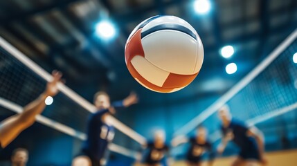 A volleyball is in mid-air as players on the court reach for it.