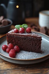 Piece of chocolate cake with raspberries 