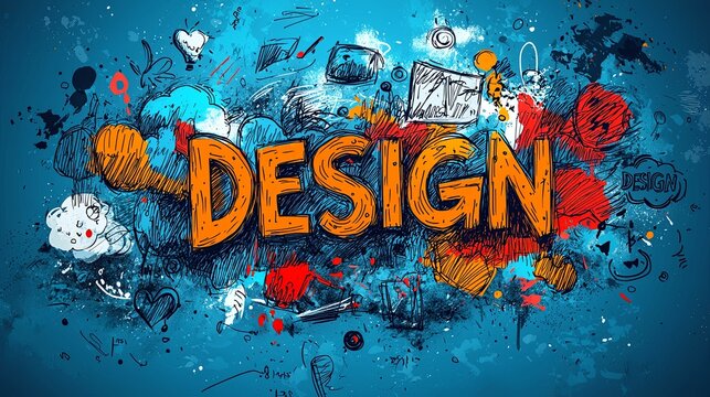 Creative image of the word 'DESIGN' depicted in an artistic style with vibrant colors and various doodle illustrations all around, symbolizing creativity.