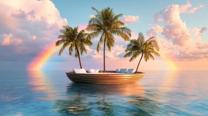 Wooden boat with cushions floating in a tropical ocean under a rainbow.