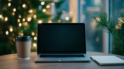 Laptop screen with an animated Cyber Monday countdown timer and flashing discount codes, surrounded by coffee and a notebook 