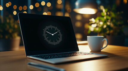 Laptop screen with an animated Cyber Monday countdown timer and flashing discount codes, surrounded by coffee and a notebook 