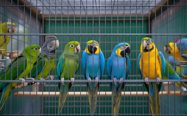 Obraz premium Budgerigar Parrot. Cute Pet budgie sits in a cage at home. Beautiful little green parrot. 