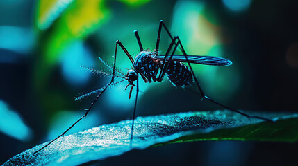 Close up shot of a mosquito resting on a leaf with a blurred tropical forest in the background, highlighting the role of mosquitoes in spreading viral diseases, shot with shallow depth of field, macro