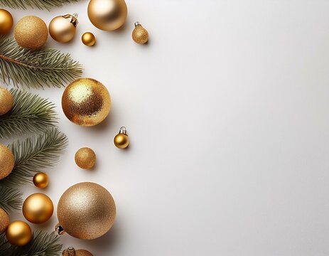 weihnachtlicher wei&szlig;er Hintergrund, an der Seite Weihnachtskugeln in Gold