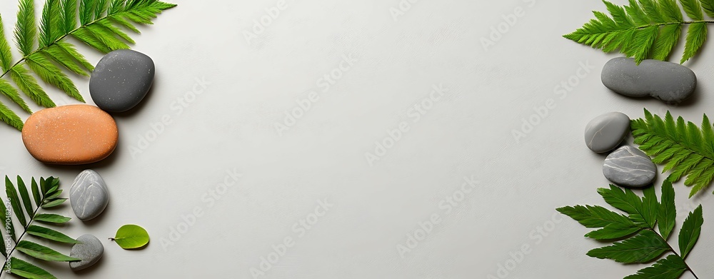 Wall mural a serene arrangement of smooth stones and ferns, set against a light background, creating a calming,