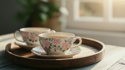 Fototapeta premium Mismatched, chipped teacups with faded floral patterns on a wooden tray, warm sunlight filtering through a window 