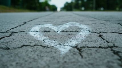 Obraz premium Misshapen heart drawn in chalk on a cracked sidewalk, with smudges and raindrops blurring the lines 