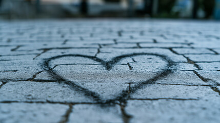 Obraz premium Misshapen heart drawn in chalk on a cracked sidewalk, with smudges and raindrops blurring the lines 