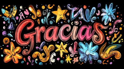 Obraz premium A vibrant graphic featuring the word 'Gracias' surrounded by various colorful doodles and decorative elements, creating a cheerful and artistic composition.
