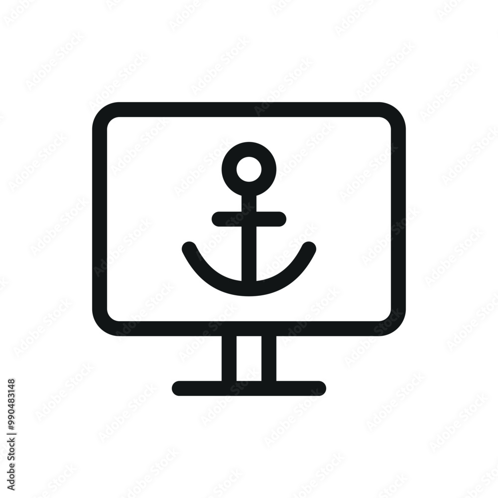 Poster sea port and terminal management software isolated icon, monitor display with anchor vector symbol w