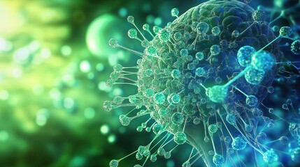 A green and blue image of a virus