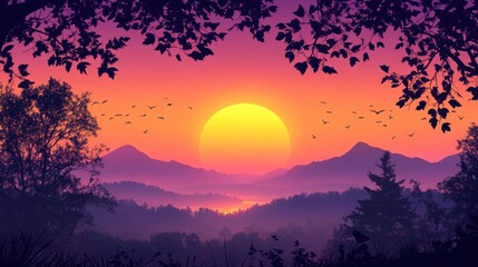 Fototapeta premium Illustration of a silhouette of a mountain hill with sunset and lush trees