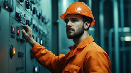 Power plant operator in front of a wall of switches and meters, carefully adjusting a control lever, industrial background 