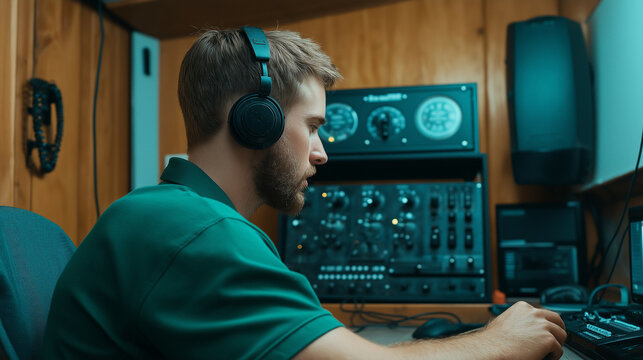 Radio operator in a small cabin, surrounded by ham radio equipment, dials, and wires, static noise in the background 