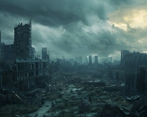 Dystopian Wasteland Crumbling Ruins and Fallout Filled Skies in a Post Nuclear World